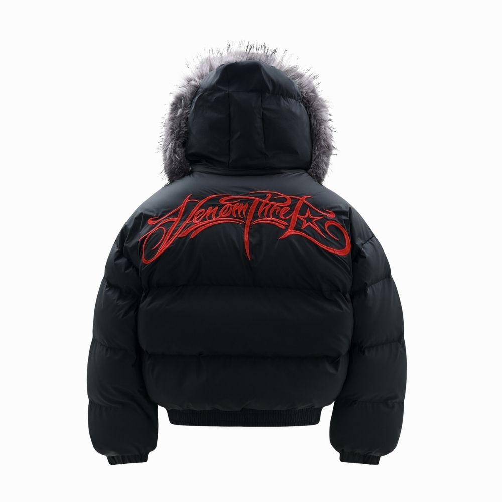 Black puffer jacket with red text on the back against a white background