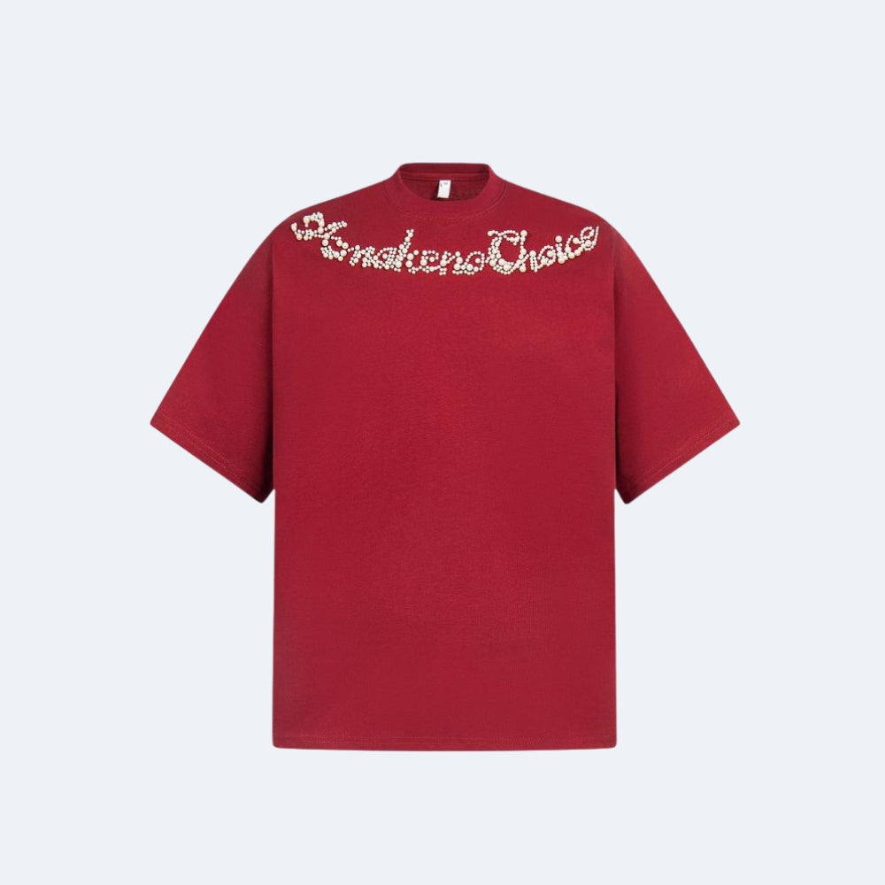 Red. A red short-sleeve t-shirt with SmakenoChoice written across the chest in a cursive, textured white font.