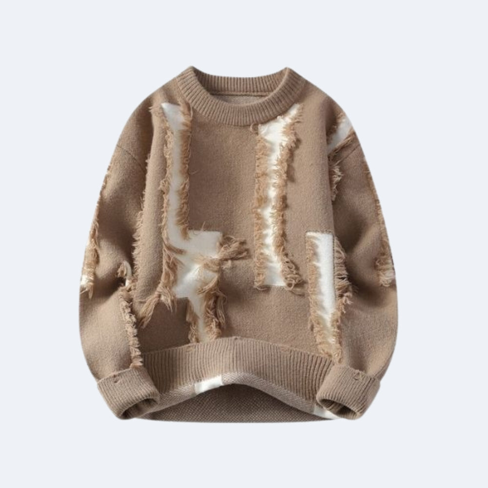 Brown. A beige crewneck sweater with distressed, ripped details showing off-white lining.