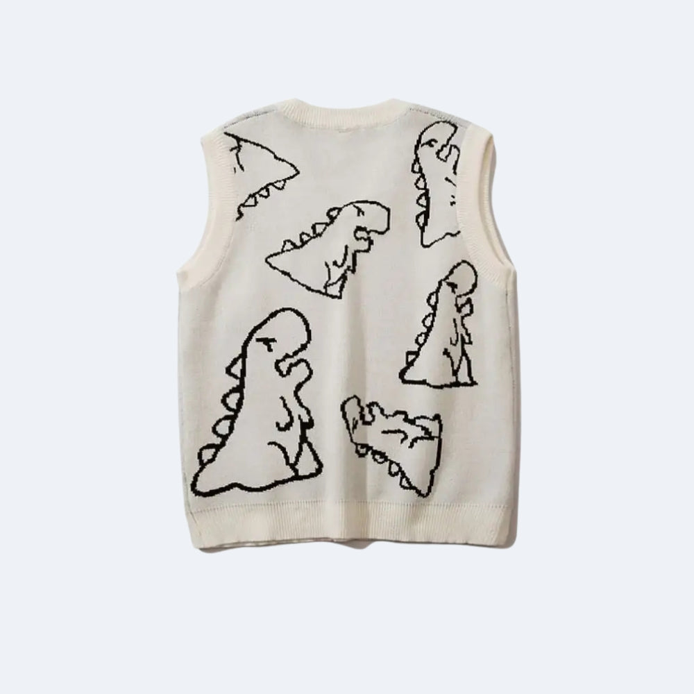 White. An off-white sleeveless knit vest featuring black hand-drawn style dinosaur illustrations across the front.