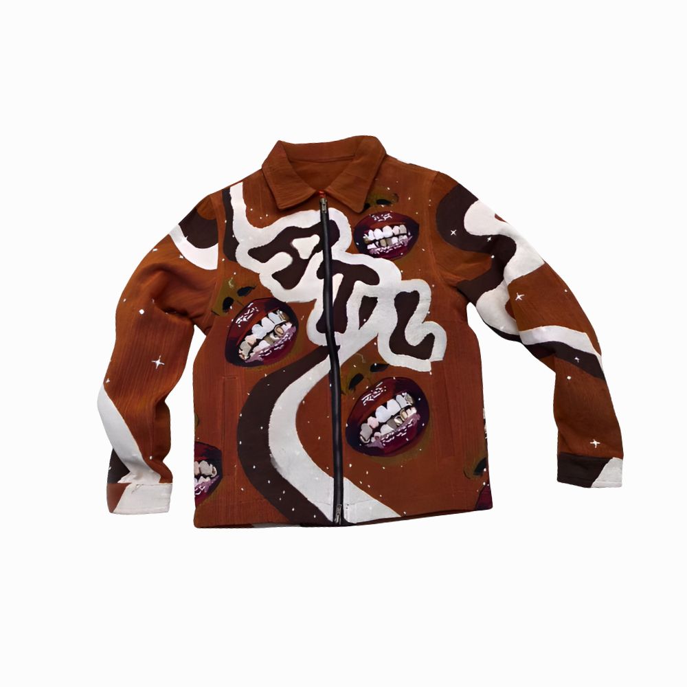 Brown jacket with graphic designs on a white background