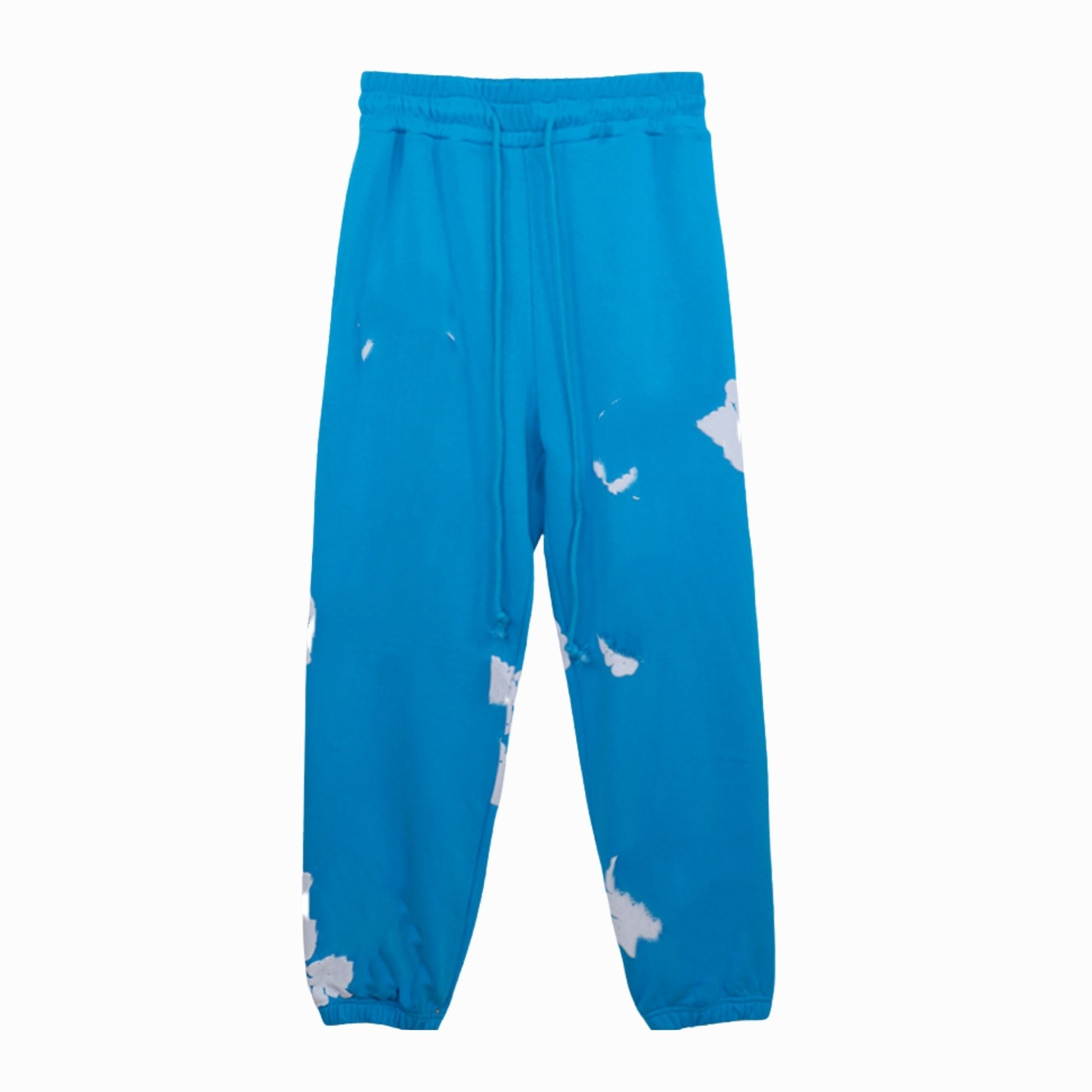 Blue sweatpants with white cloud patterns on a white background