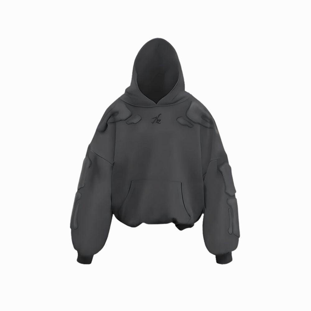 Gray hoodie with shoulder pads on a white background