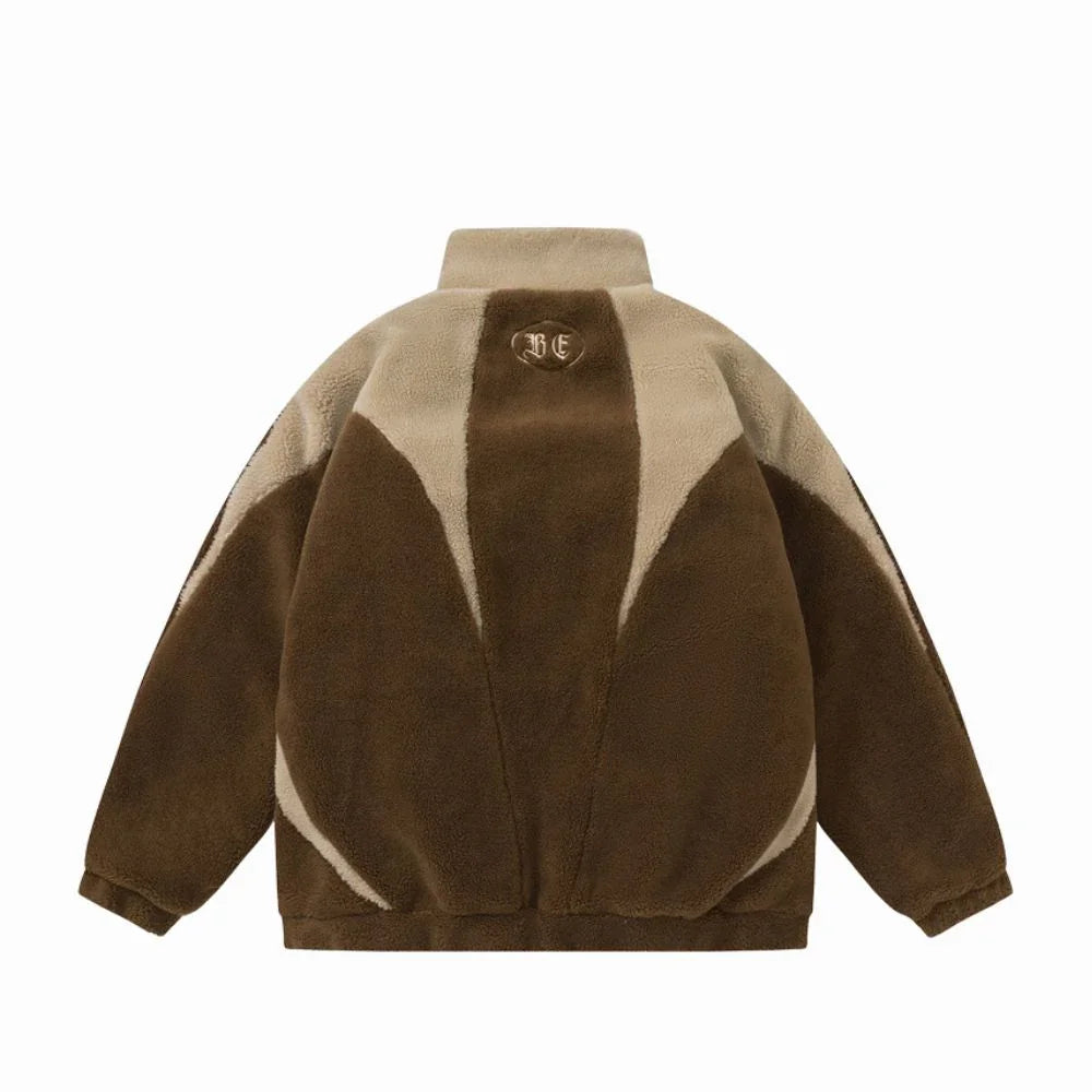 Brown and beige fleece jacket with a logo on the back against a white background