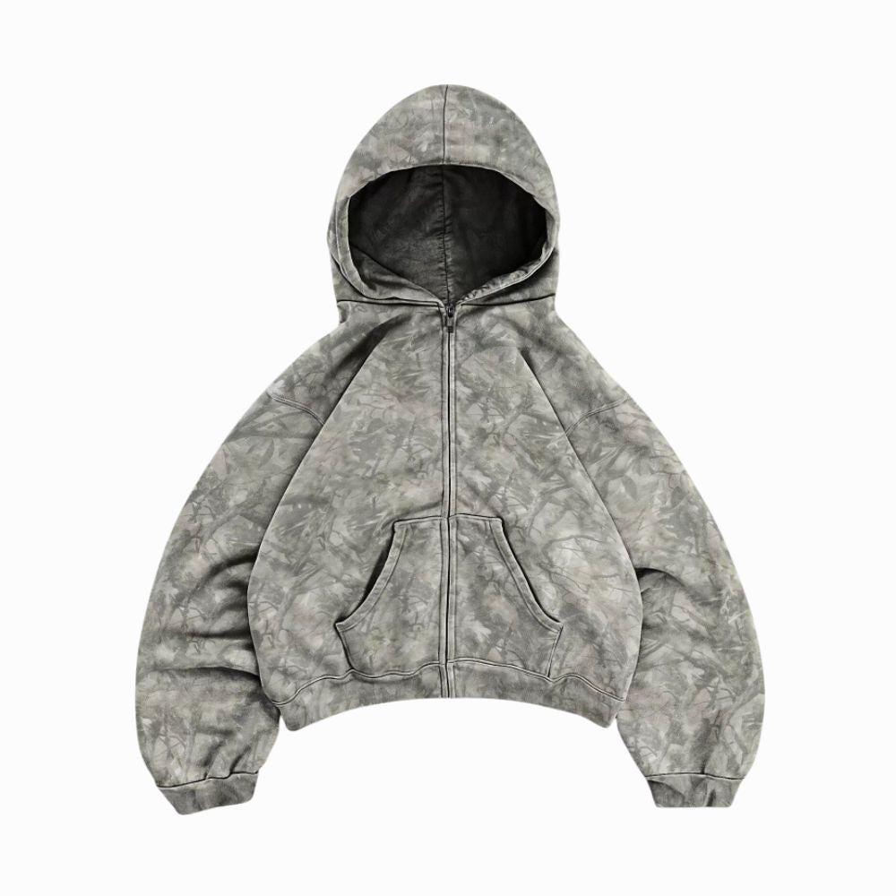 Gray tie-dye hoodie on a white background