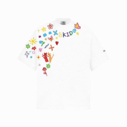 White t-shirt with colorful graphics and text on a white background