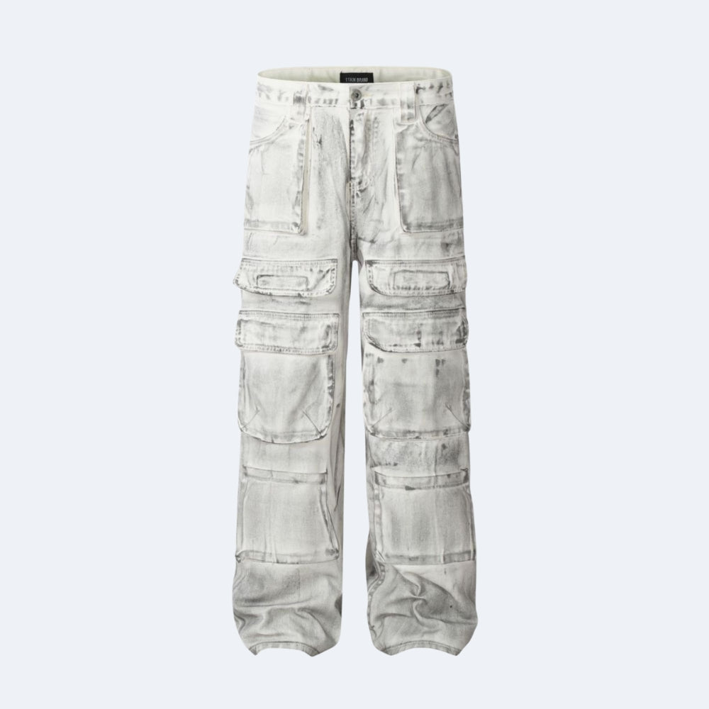 A pair of light gray washed cargo pants with multiple flap pockets, shown flat against a light gray background.