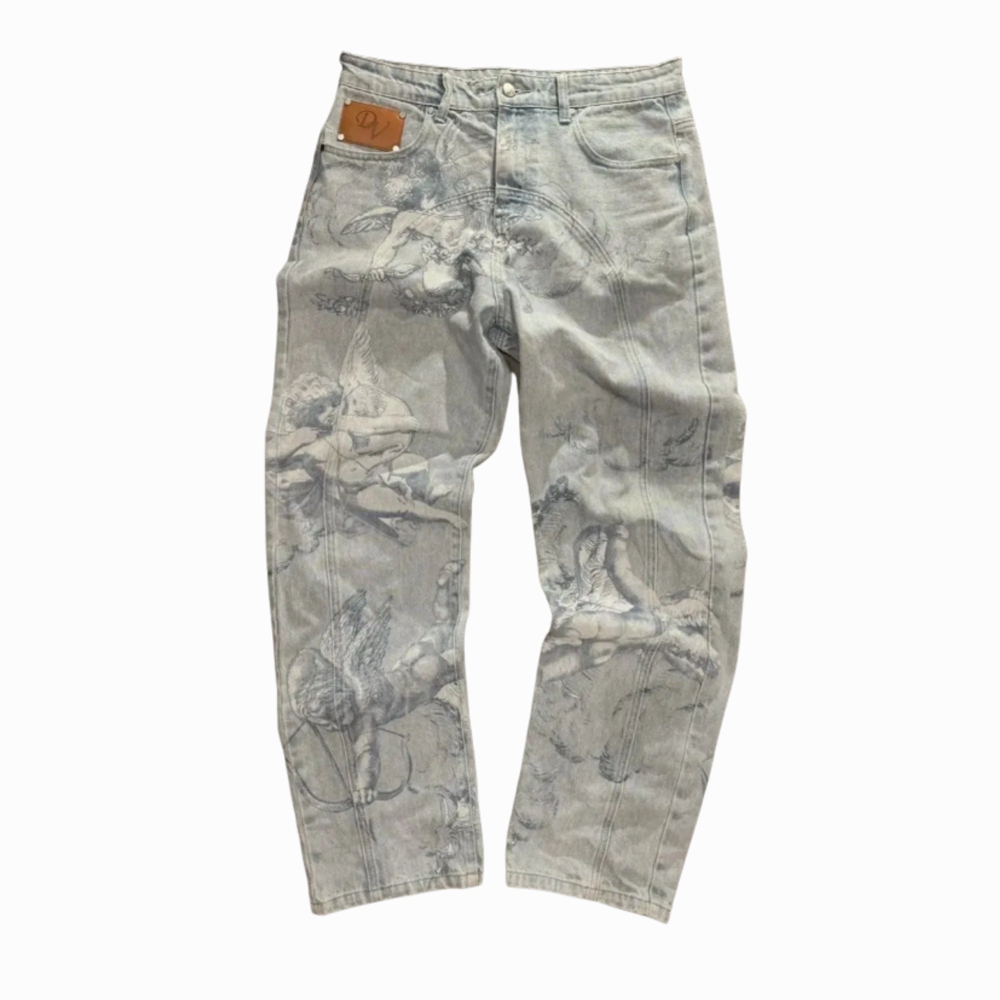 Light blue distressed jeans on a white background