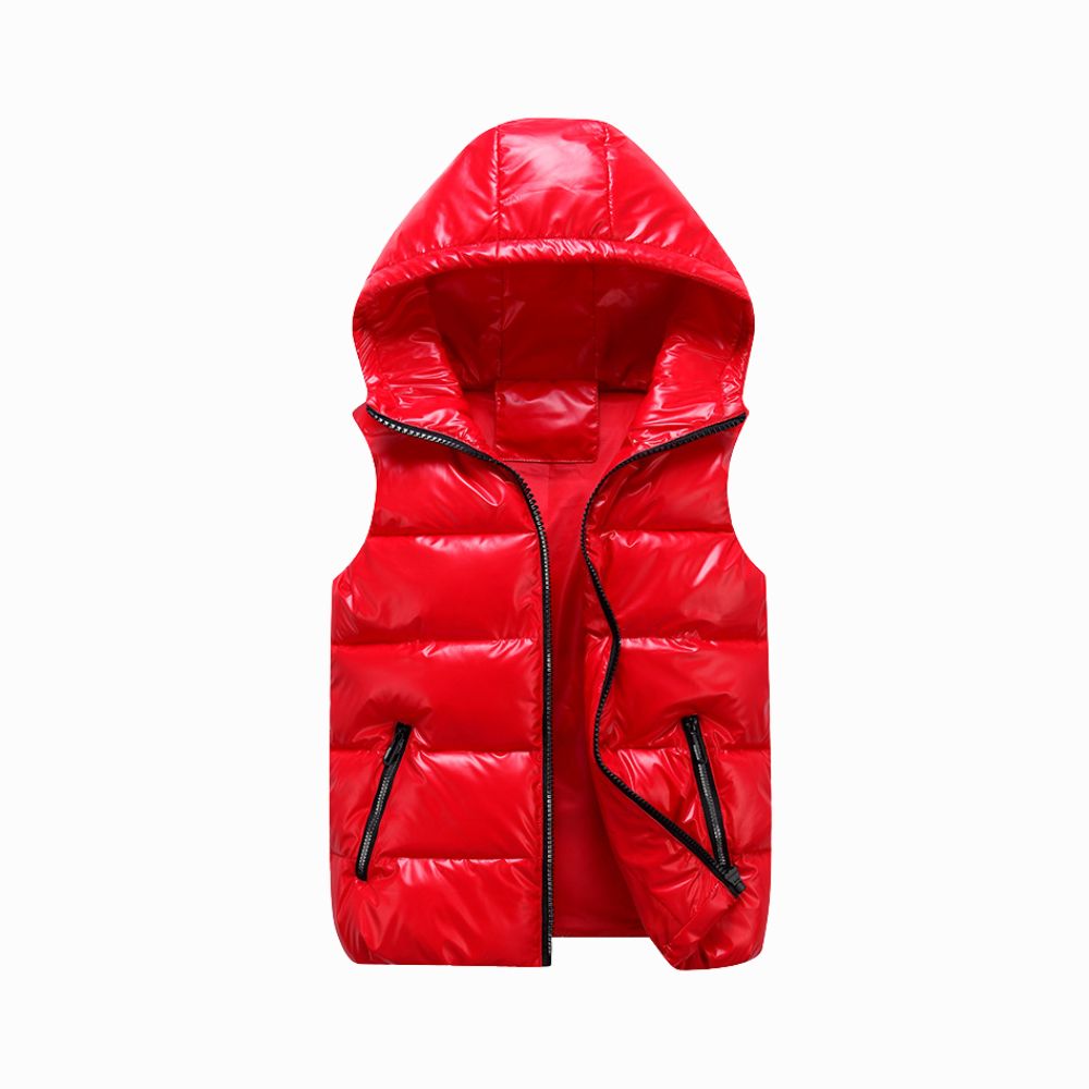 Red puffer vest with a hood on a white background