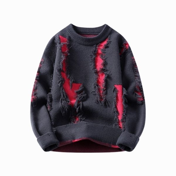 Black sweater with red distressed patches on a white background