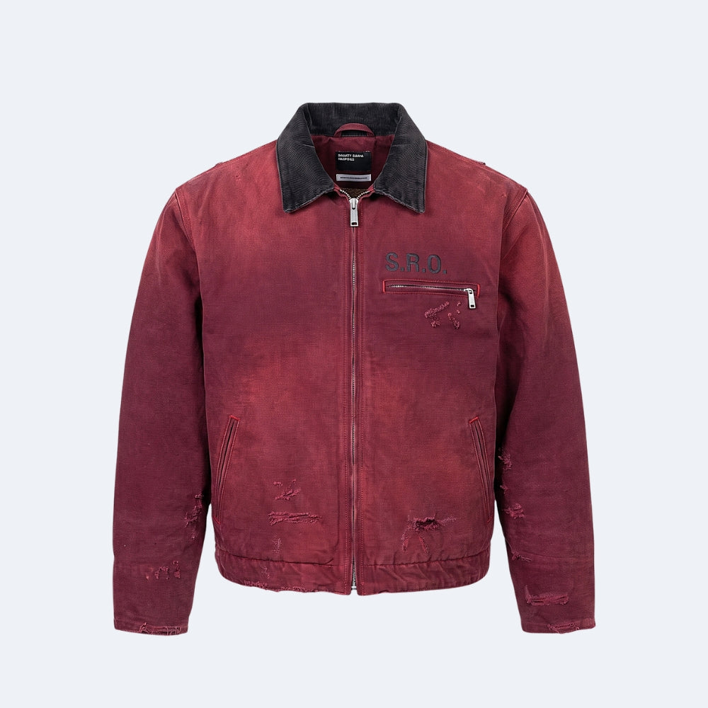 A distressed bomber jacket in a washed burgundy red, featuring a dark charcoal gray collar, a front zipper, and 'S.R.