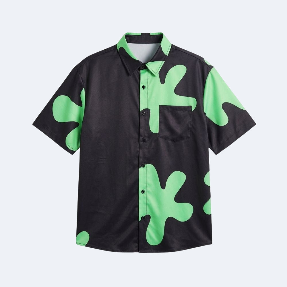 Black & Green. A black shirt with green abstract patterns, shown against a white background.