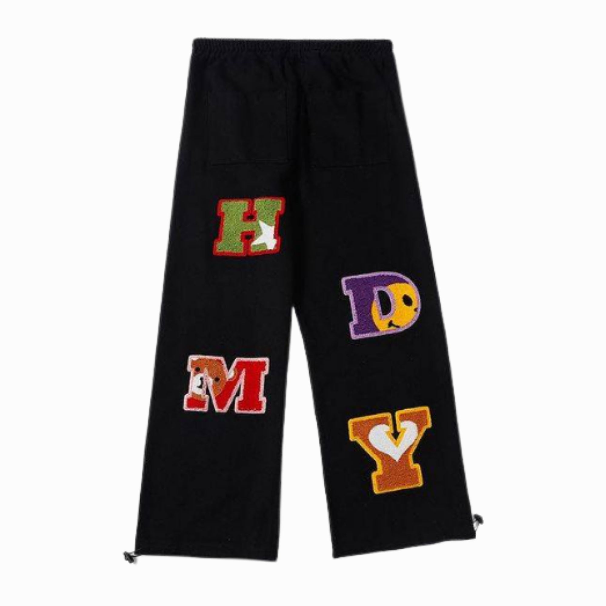 Black pants with colorful letters on a white background
