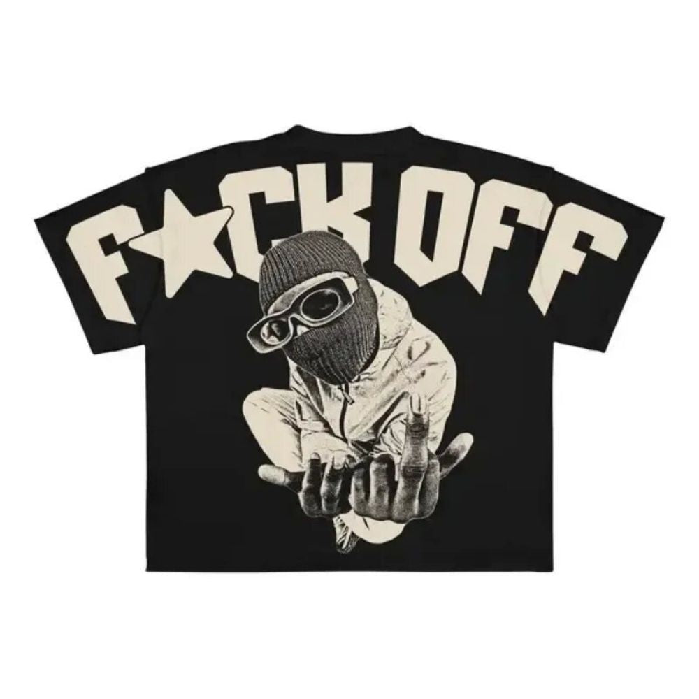 Black t-shirt with graphic design and text on a white background