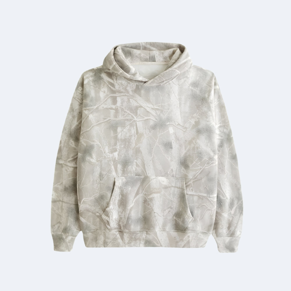 Veins. A light beige and gray tie-dye hoodie with a crumpled paper texture.