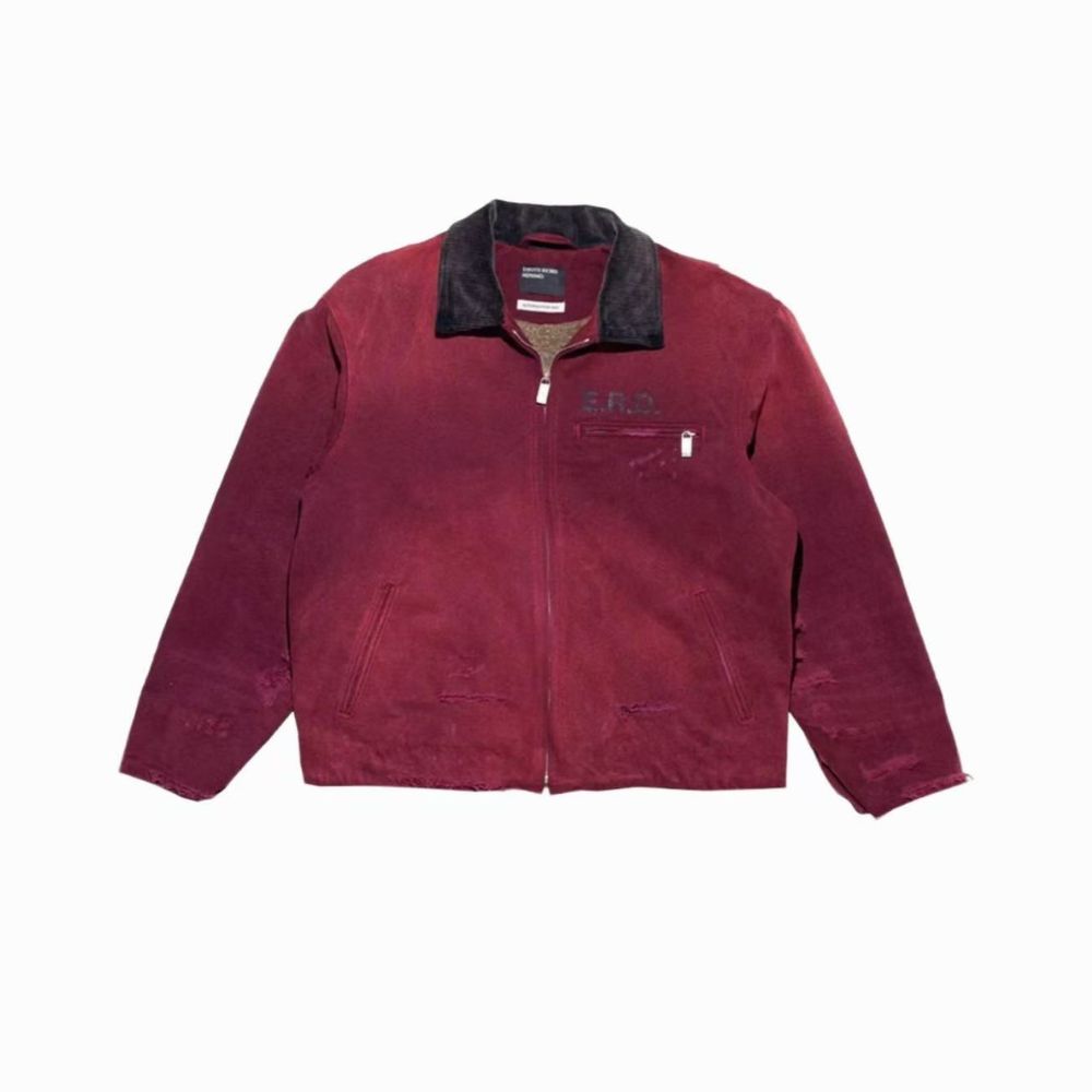Maroon jacket with black collar on a white background