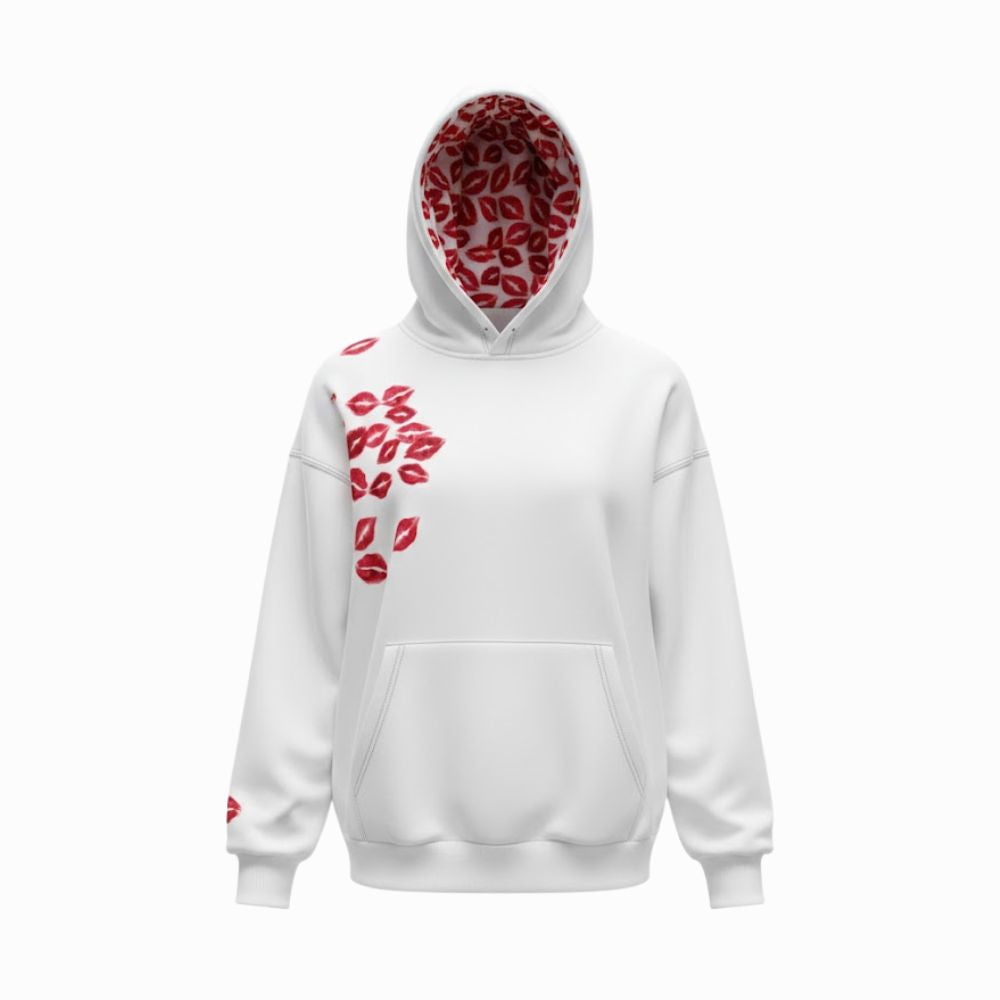 White hoodie with red pattern on a white background
