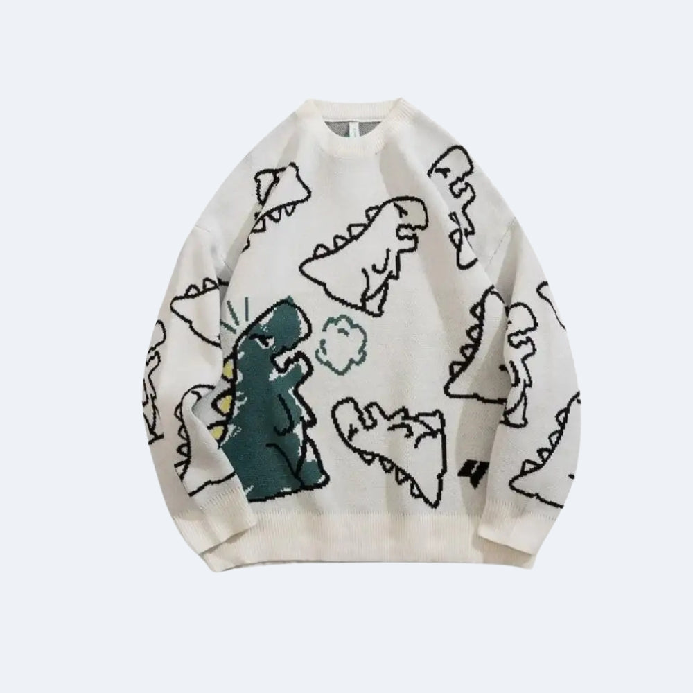 White. An off-white knit crewneck sweater featuring a playful all-over cartoon dinosaur pattern in black outlines and a dark teal-green dinosaur motif.
