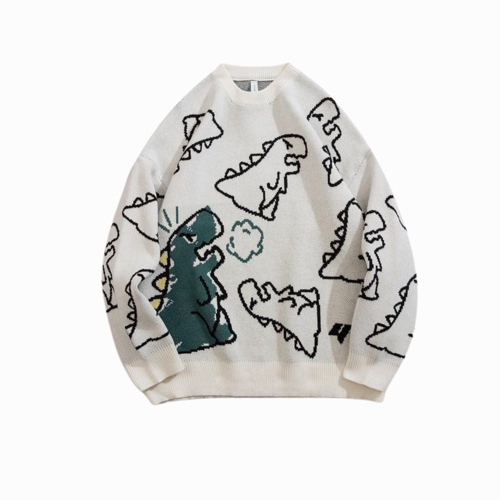 White sweater with dinosaur illustrations on a white background