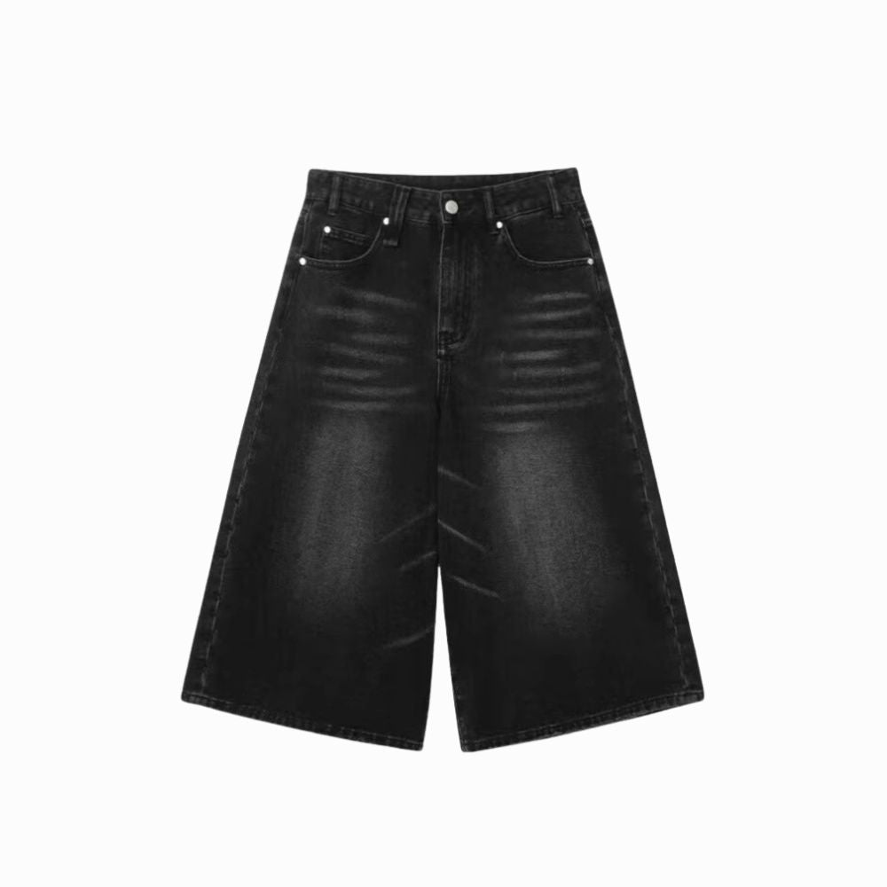 Black denim shorts on a white background
