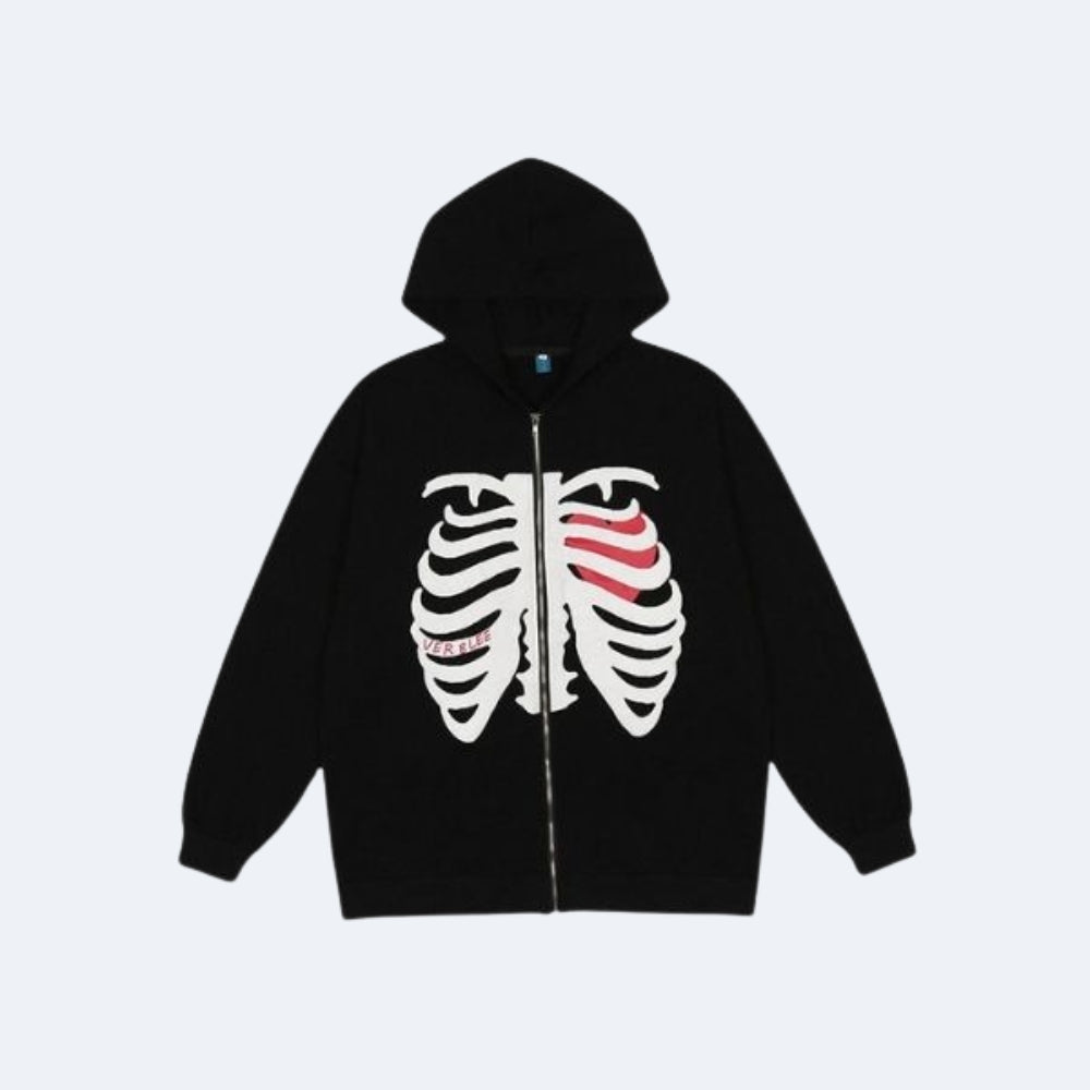 Black. A black zip-up hoodie featuring a white rib cage graphic on the front, with the left side highlighted in red, displayed flat.