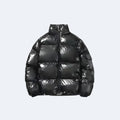 Black. A shiny black puffer jacket with horizontal quilting, a high stand-up collar, and a front zipper.