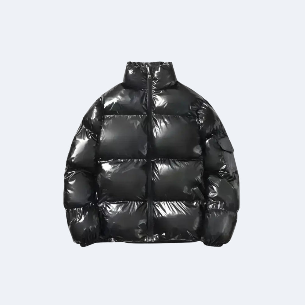 Black. A shiny black puffer jacket with horizontal quilting, a high stand-up collar, and a front zipper.