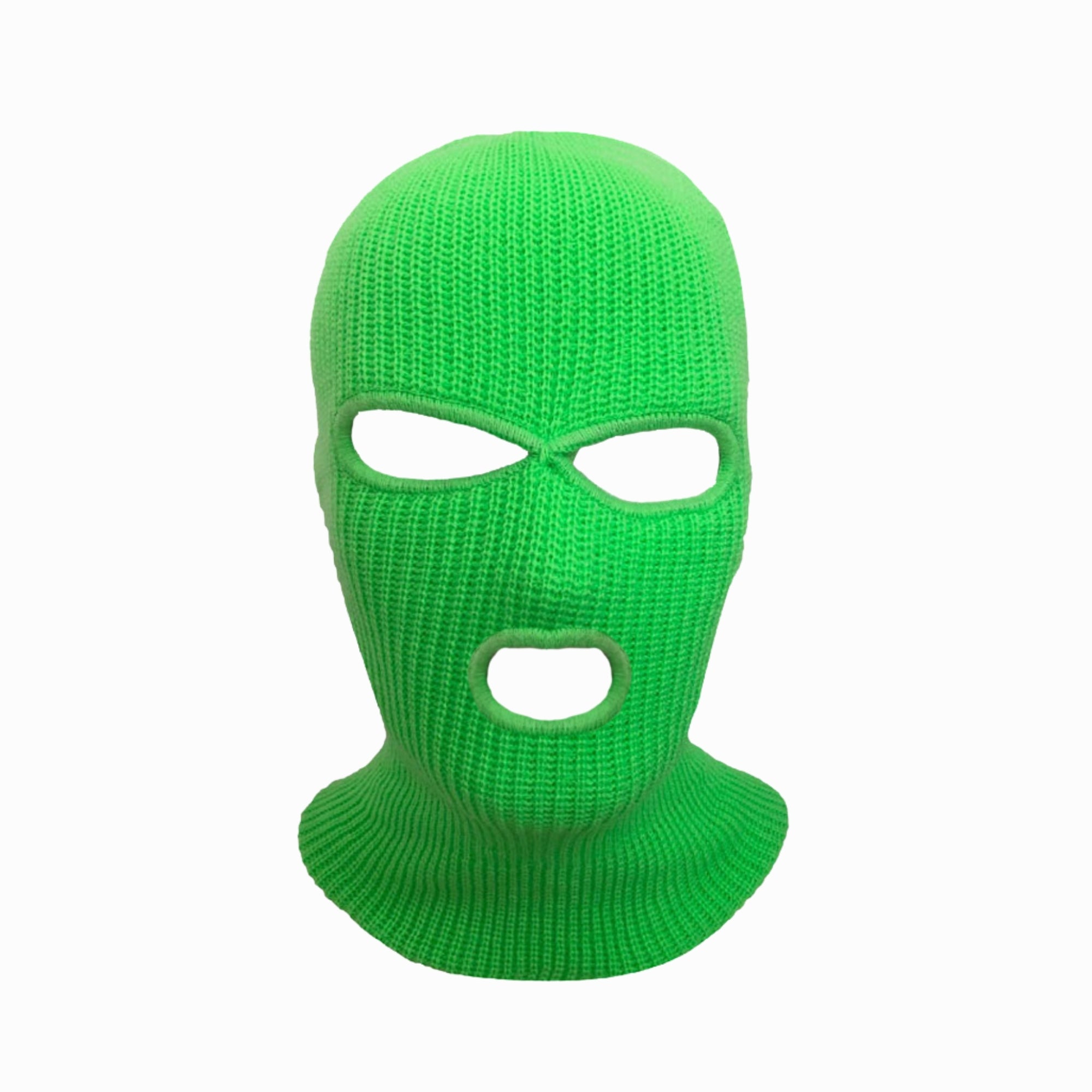 Green knitted balaclava with three face holes on a white background