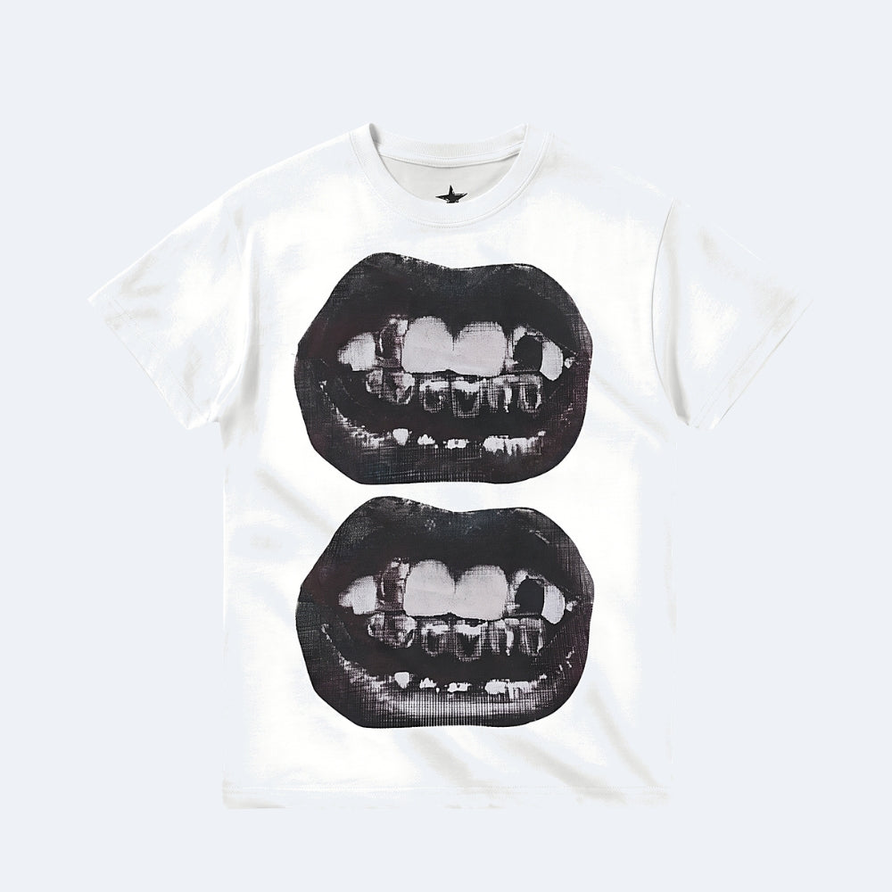 White. A white short-sleeve crewneck t-shirt featuring a graphic print of two black lips with teeth in a grunge, distressed style.