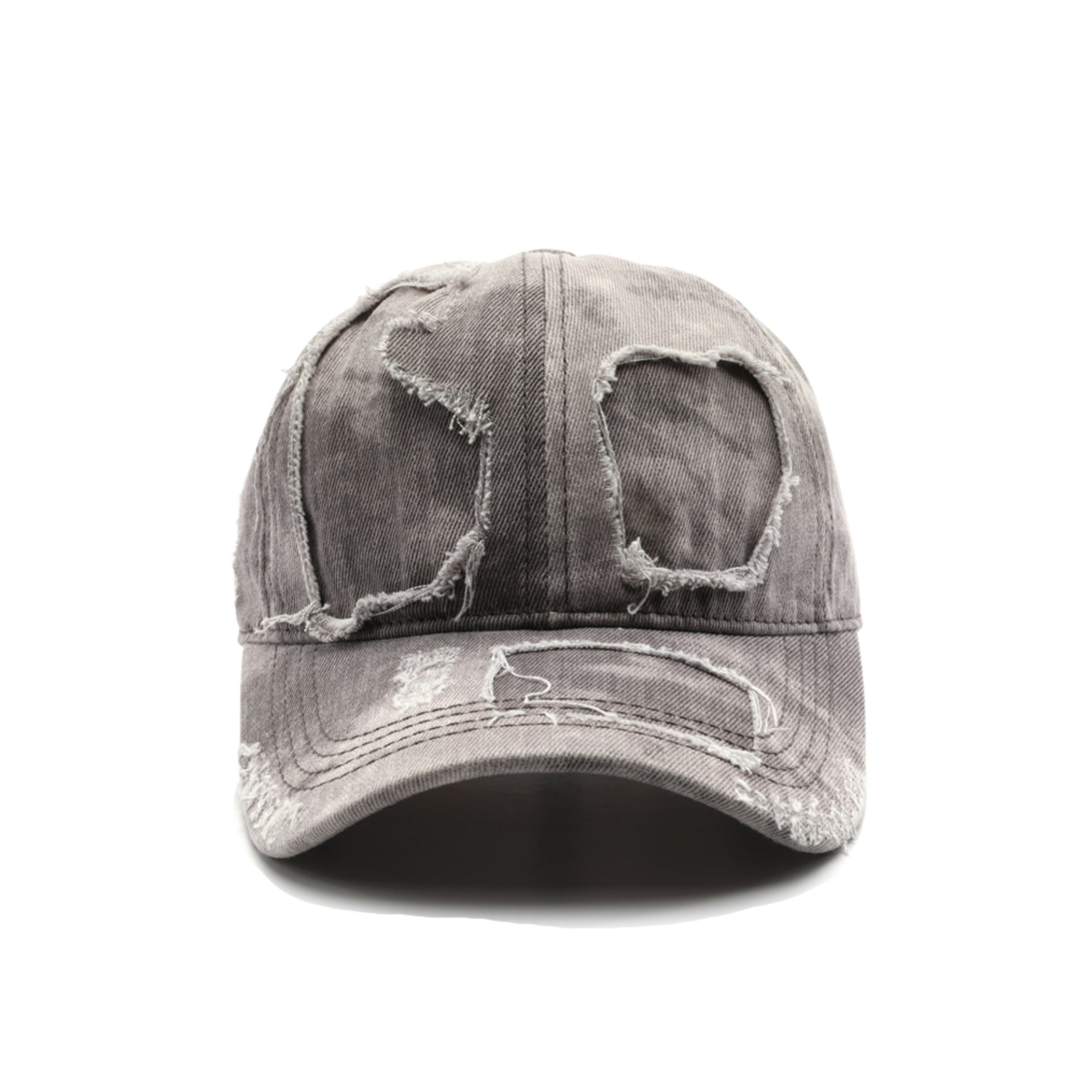 Distressed gray denim cap on a white background