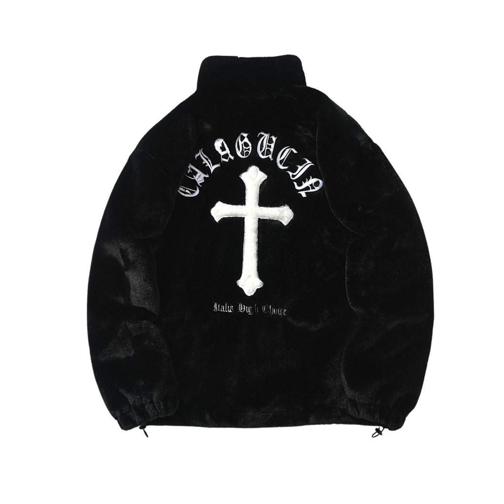 Black jacket with white cross design and text on a white background