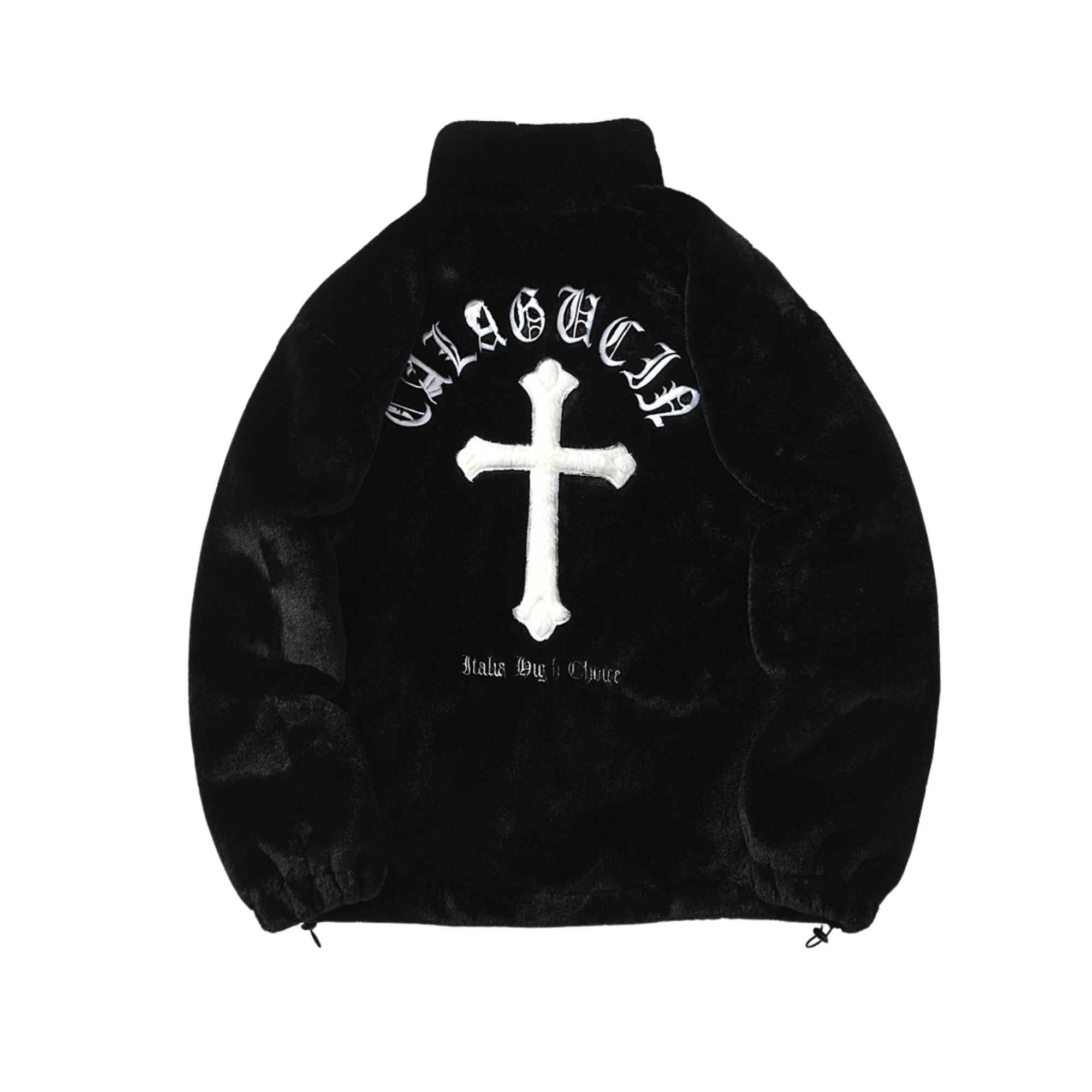 Black jacket with white cross design and text on a white background