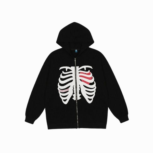 Black hoodie with a skeleton design on a white background