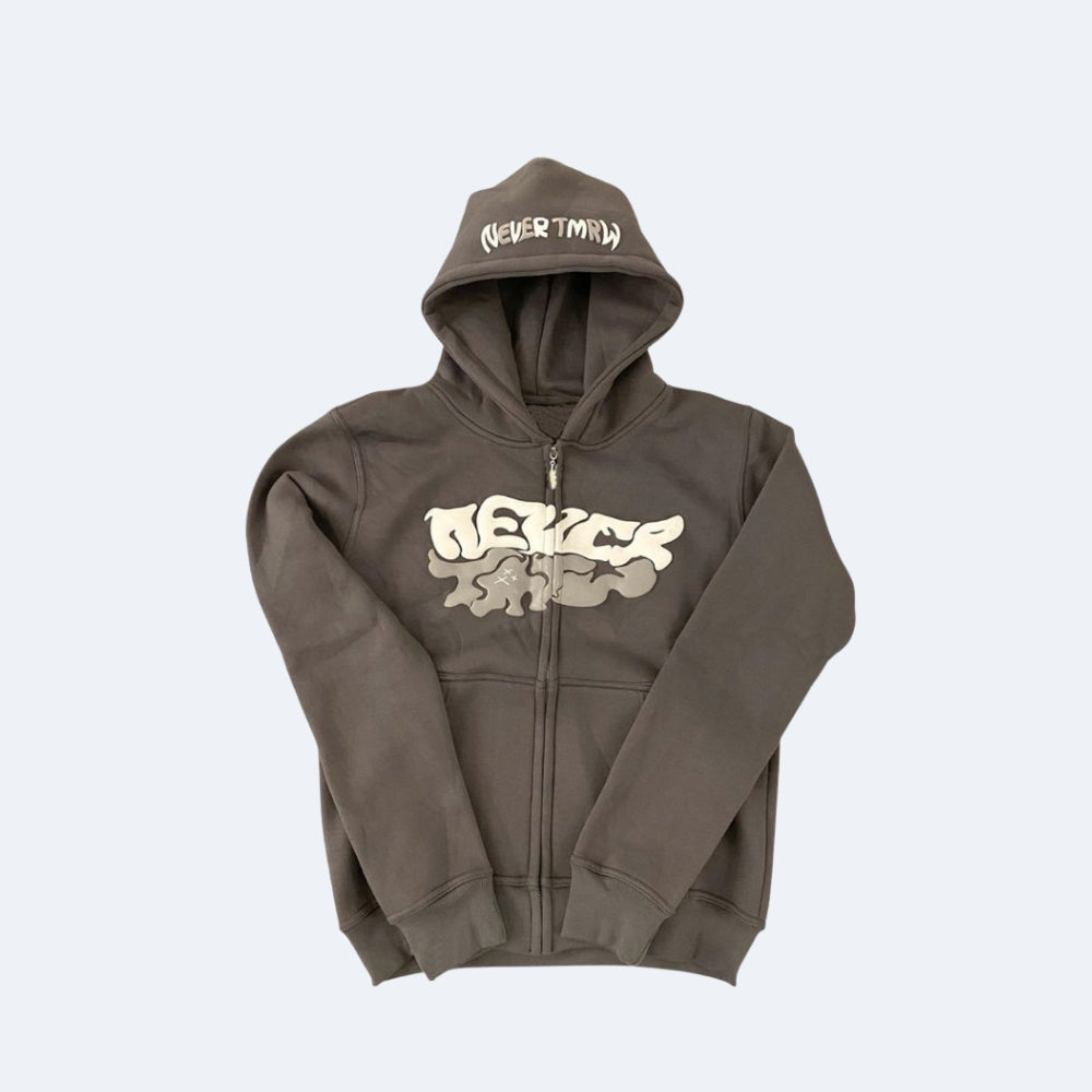 Gray. A zip-up hoodie with a front graphic reading NEVERmind in a stylized cream and gray font, laid flat.