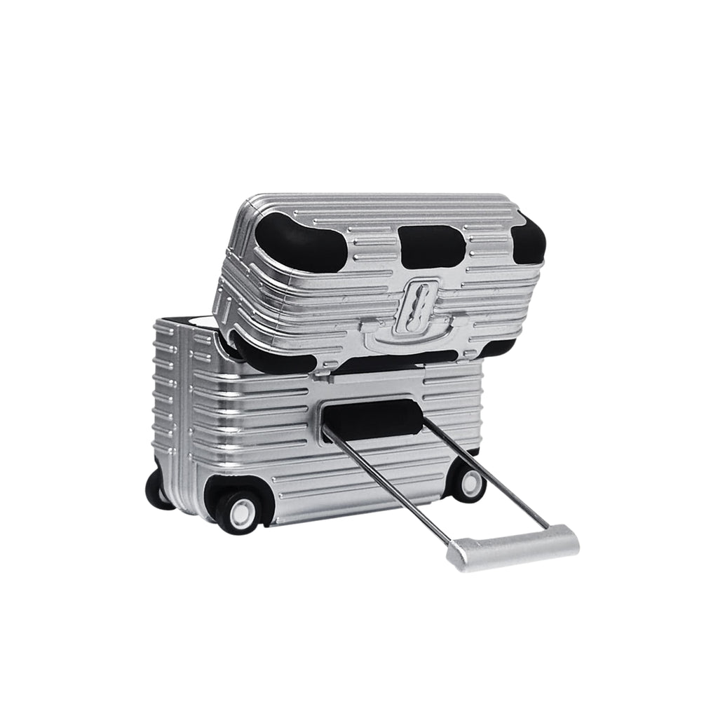 Silver AirPods case with black accents on a white background