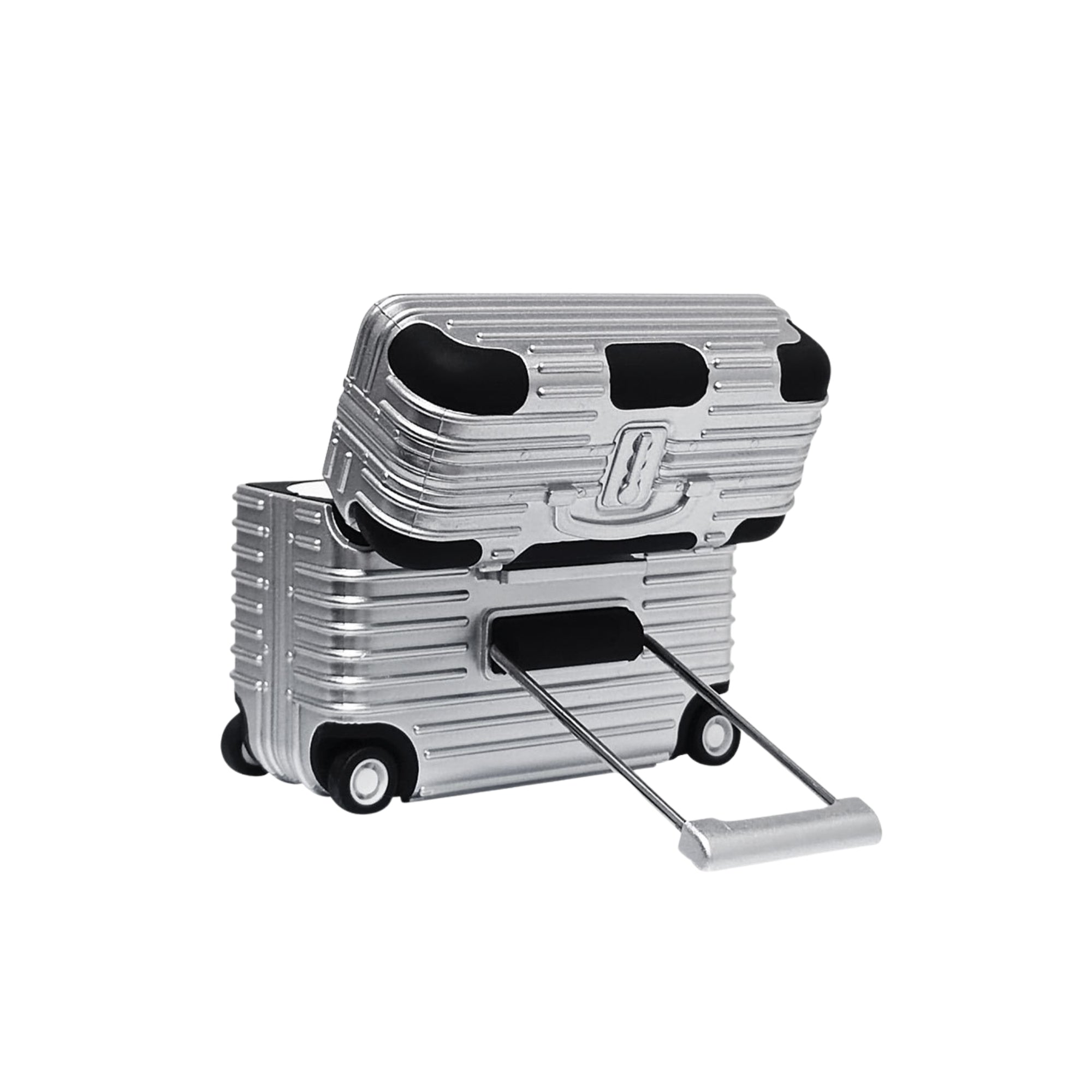 Silver AirPods case with black accents on a white background