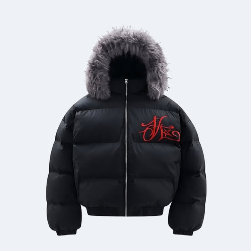 A black puffer jacket with a gray faux-fur trimmed hood and a red embroidered logo on the left chest, shown against a light gray background.