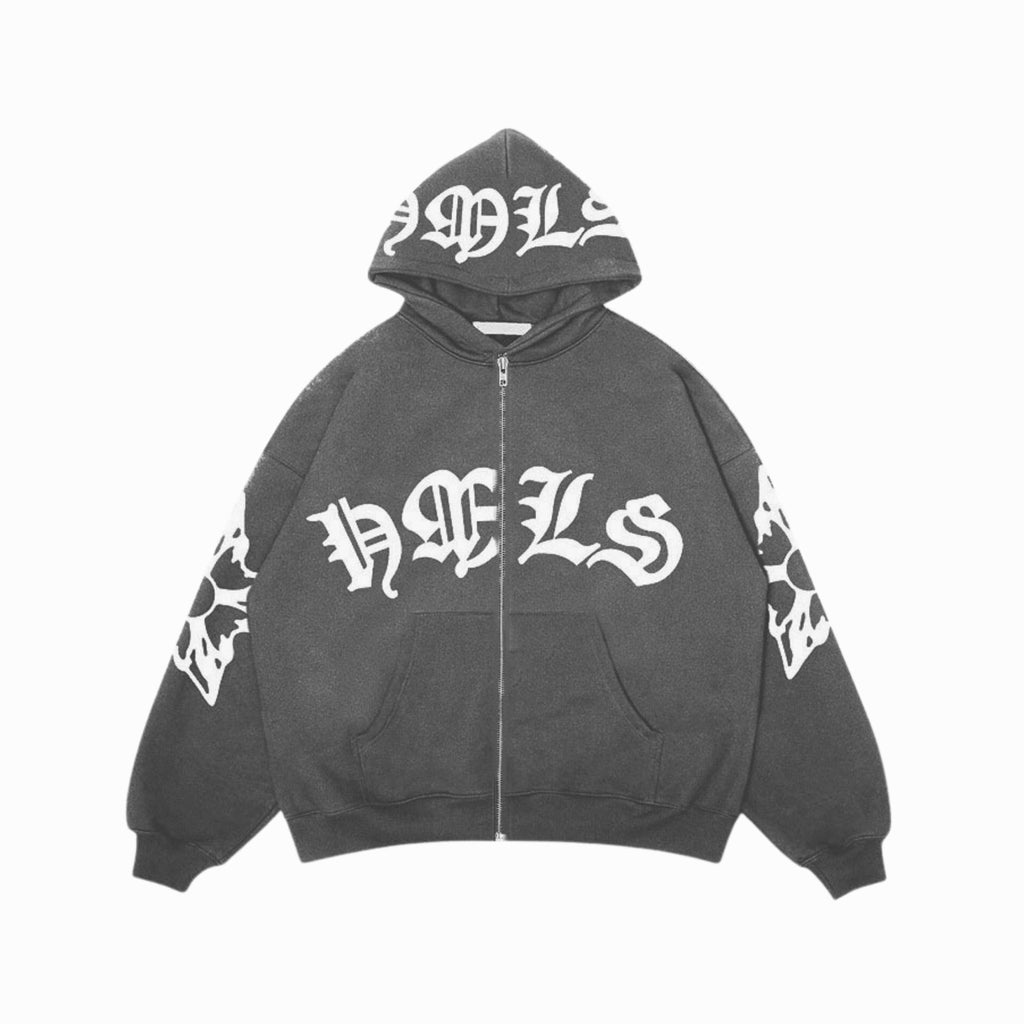 Gray hoodie with white text and designs on a white background