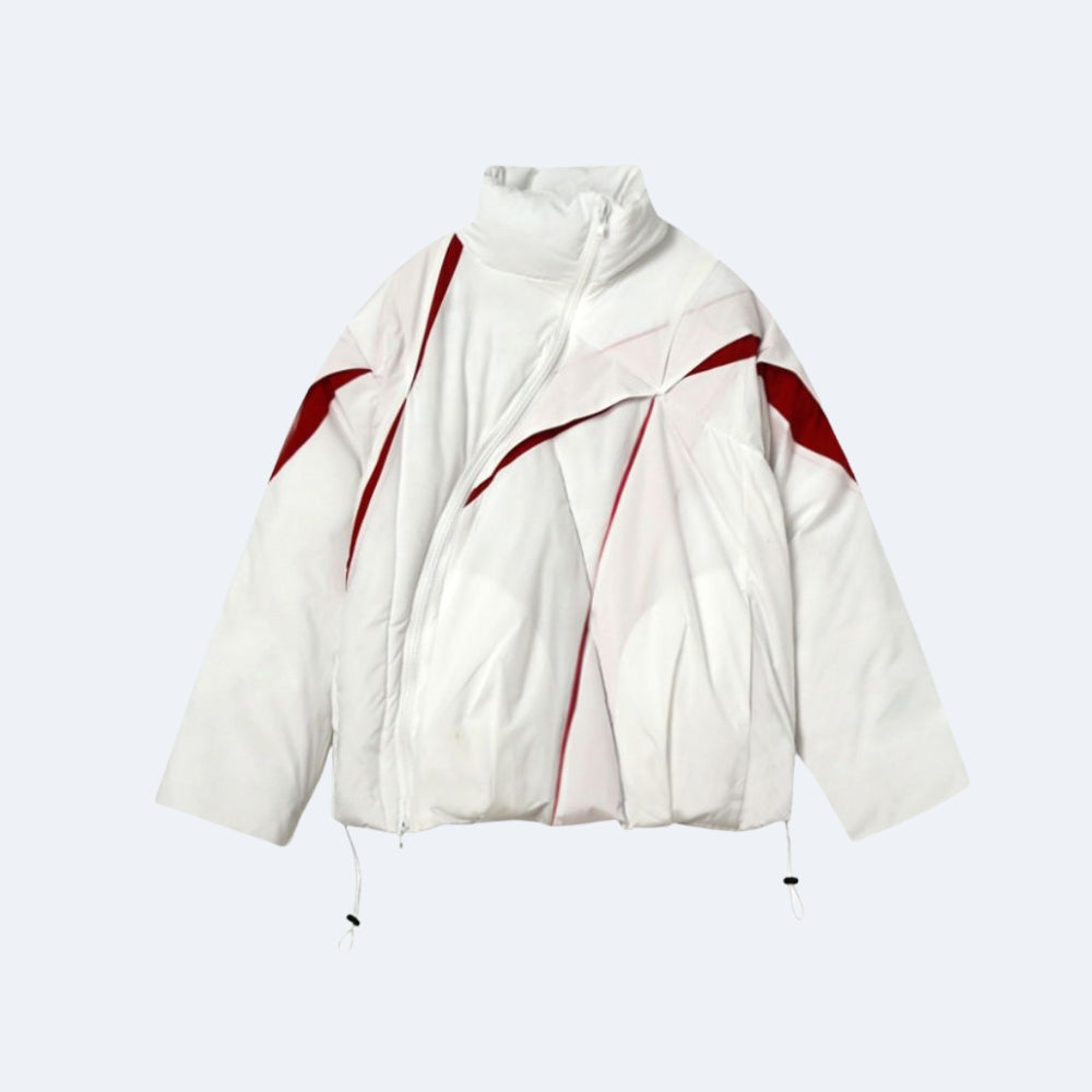 White. A white puffer jacket with red geometric accent panels and a high collar, shown flat.