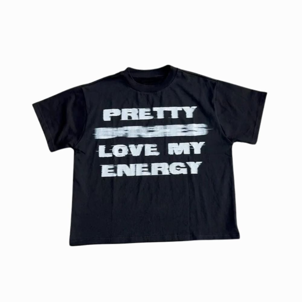 Black t-shirt with white text on a white background