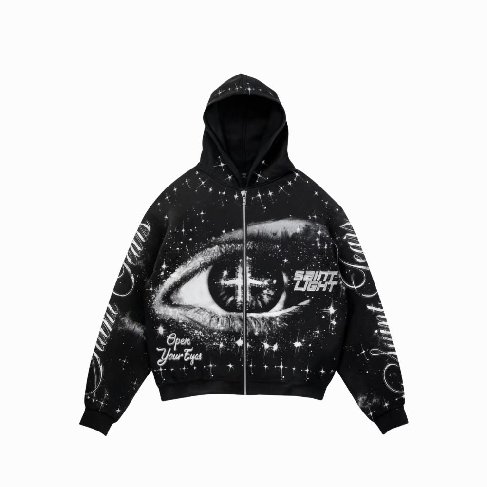 Black hoodie with eye design and text on a white background