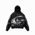Black hoodie with eye design and text on a white background