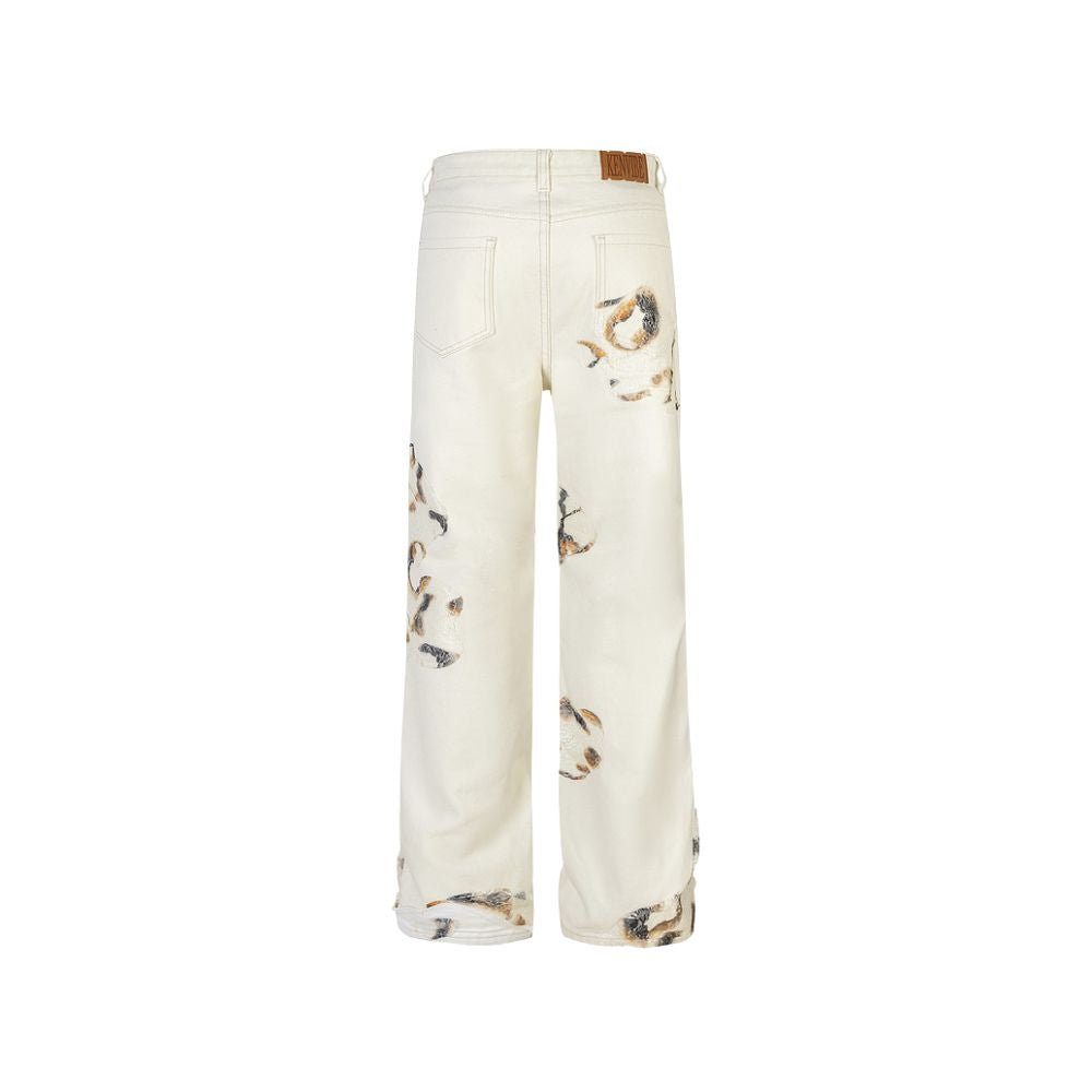 White pants with floral pattern on a white background