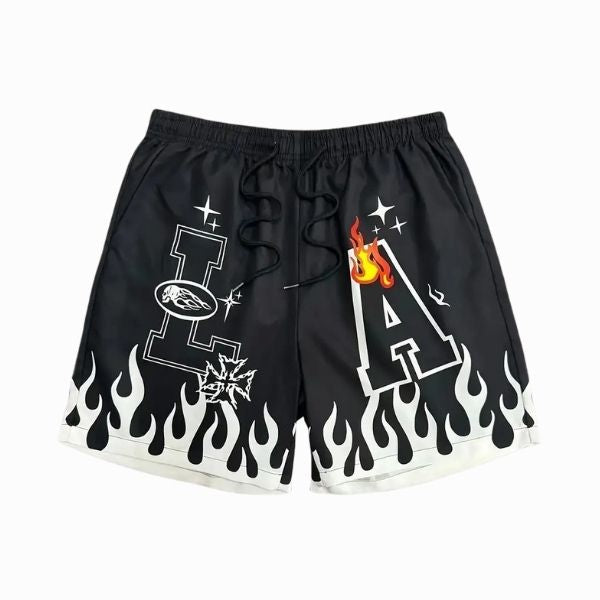 Black shorts with white flame designs and letter 'L' on a white background