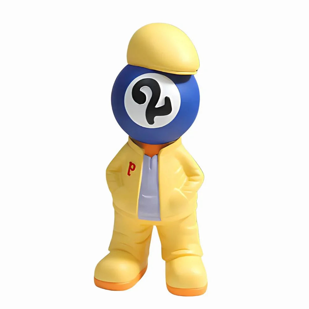 Toy figure with a blue ball head, yellow body, and helmet on a white background