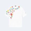White. A white short-sleeve t-shirt featuring colorful graffiti-style graphics and text printed across the chest.