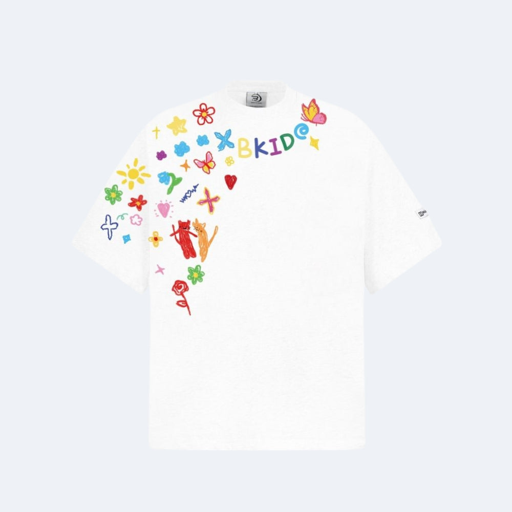 White. A white short-sleeve t-shirt featuring colorful graffiti-style graphics and text printed across the chest.