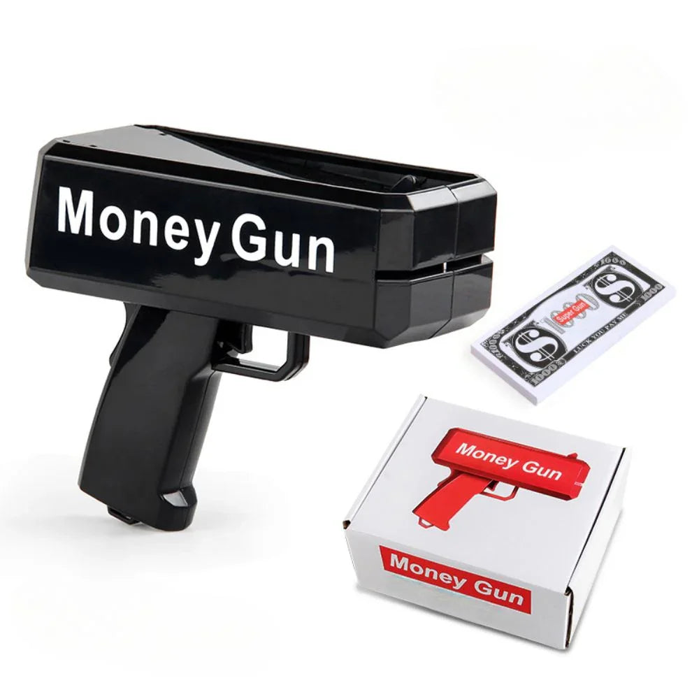 Black 'Money Gun' toy with packaging on a white background