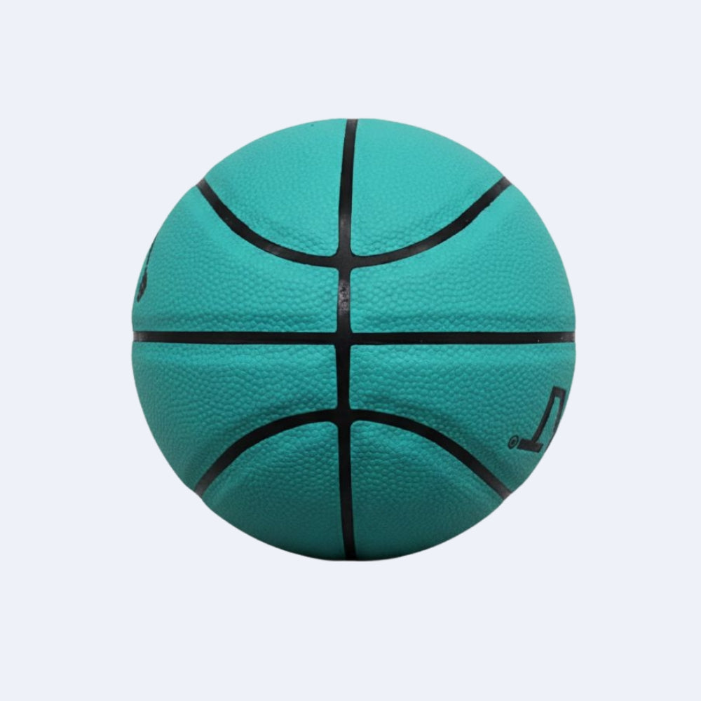 A teal green basketball with black seams, shown against a light gray background.