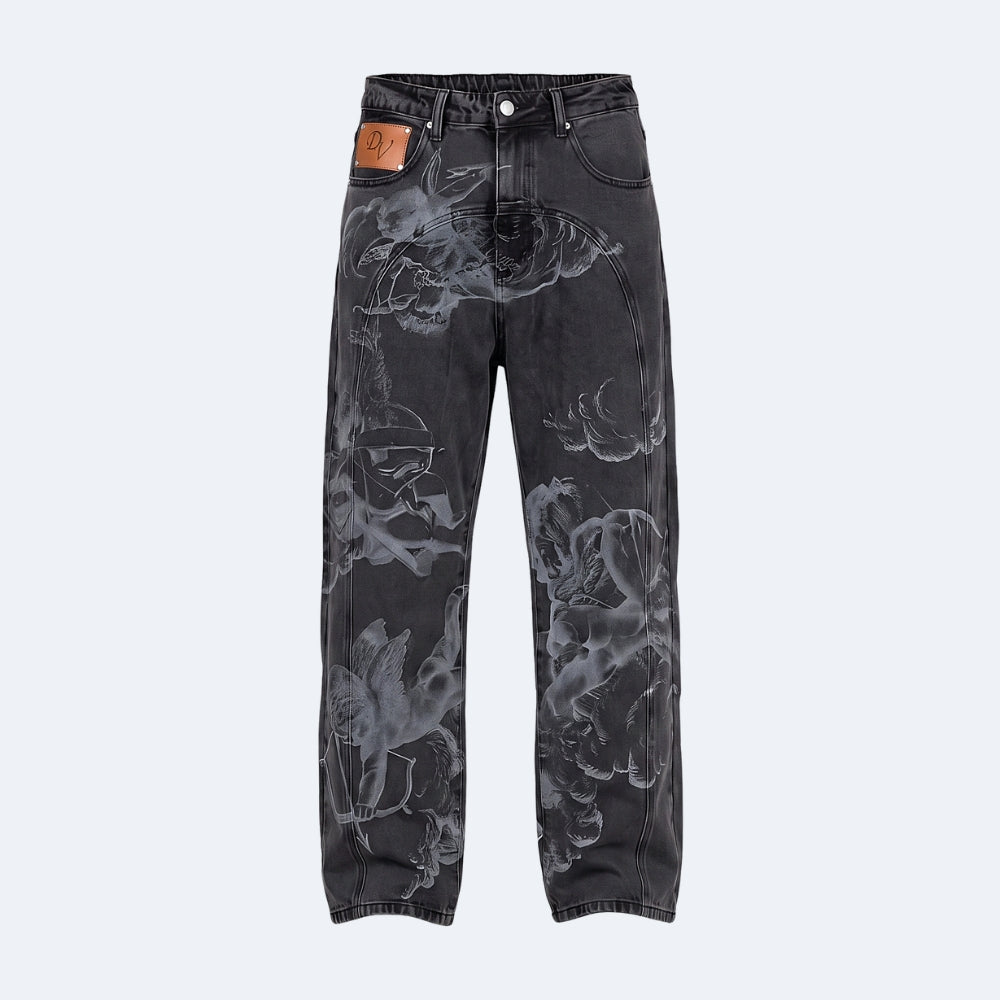 Black. A pair of dark gray washed denim jeans with a gray tonal floral print, shown flat.
